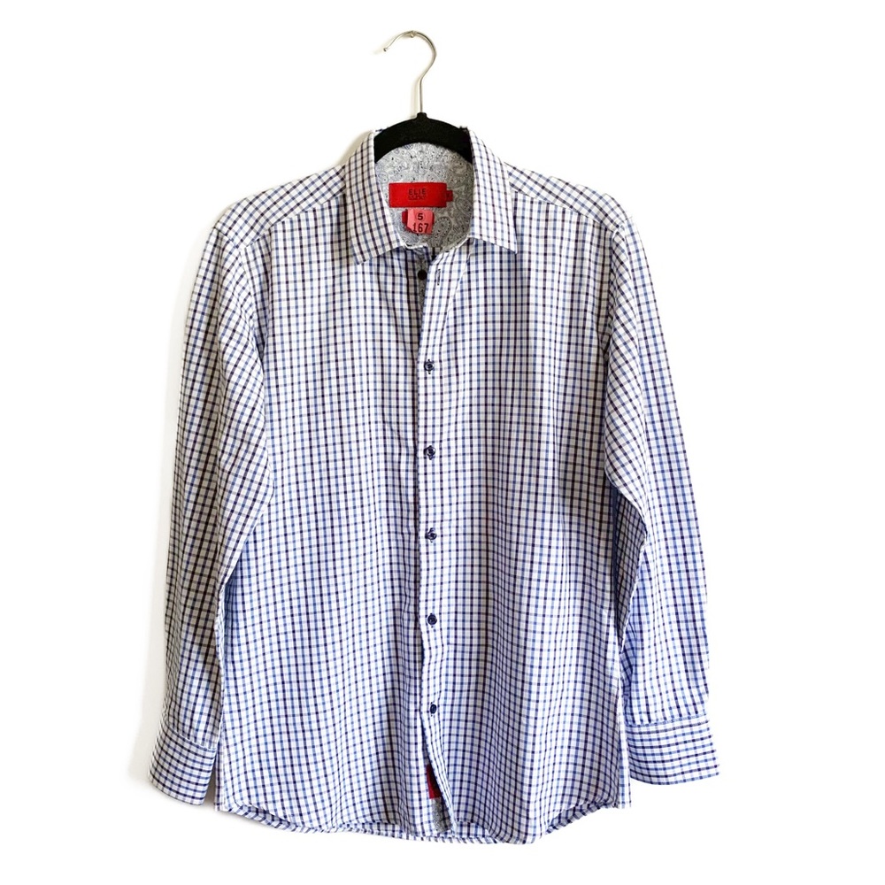 Elie Balleh Modern Fit Blue Plaid Button Down Dress Shirt